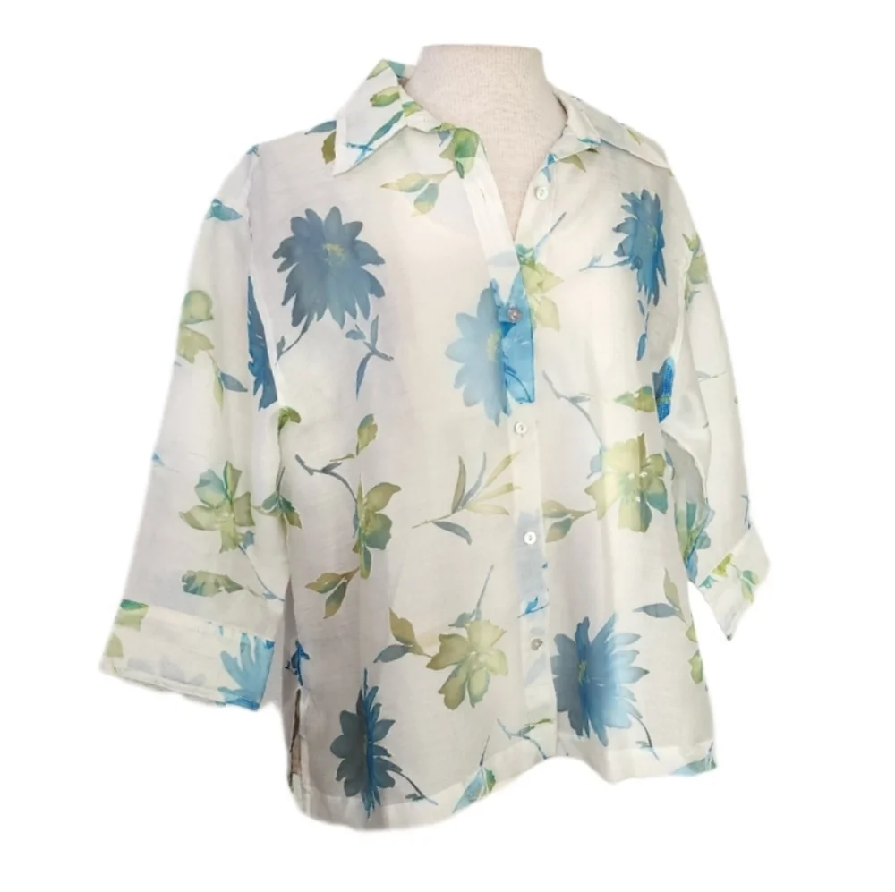Notations Blouse Y2K Sheer Floral Button Down Blouse White Size XL - Picture 10 of 16